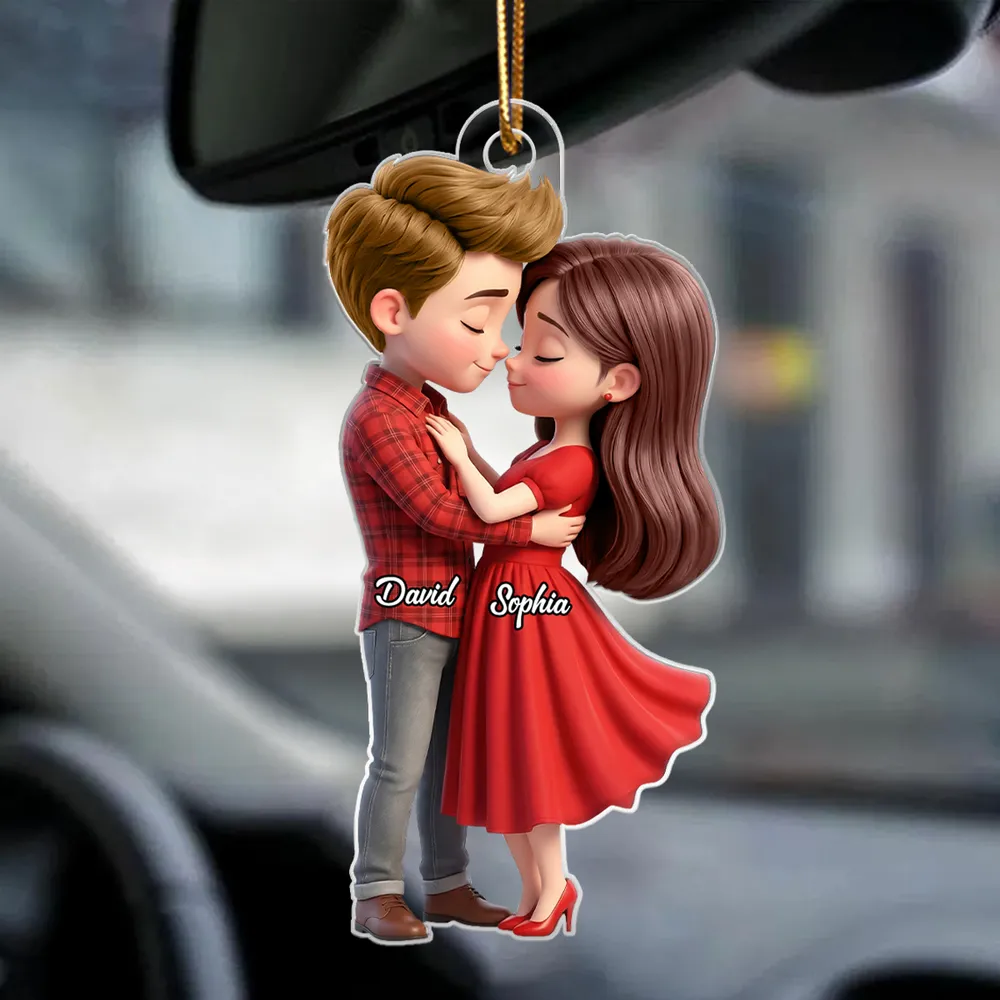 Personalized Couple Hugging Acrylic Car Hanger Rearview Mirror Decor, Cute Cartoon Style, Unique Romantic Gift for Him or Her - Image 3