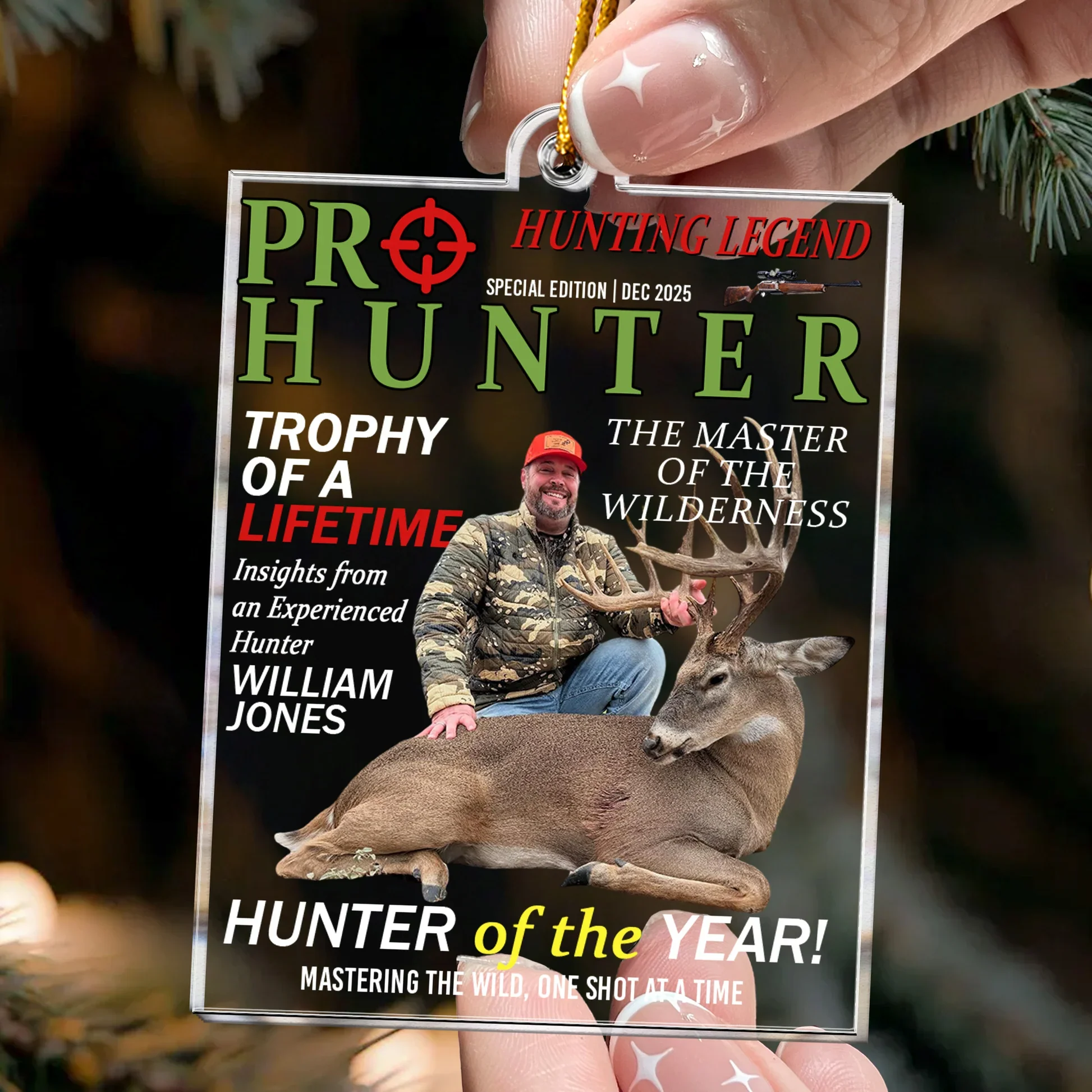 Hunter Of The Year Acrylic Ornament, Hunting Legend Magazine Style Deer Trophy Scene, Unique Gift For Hunters - Image 2