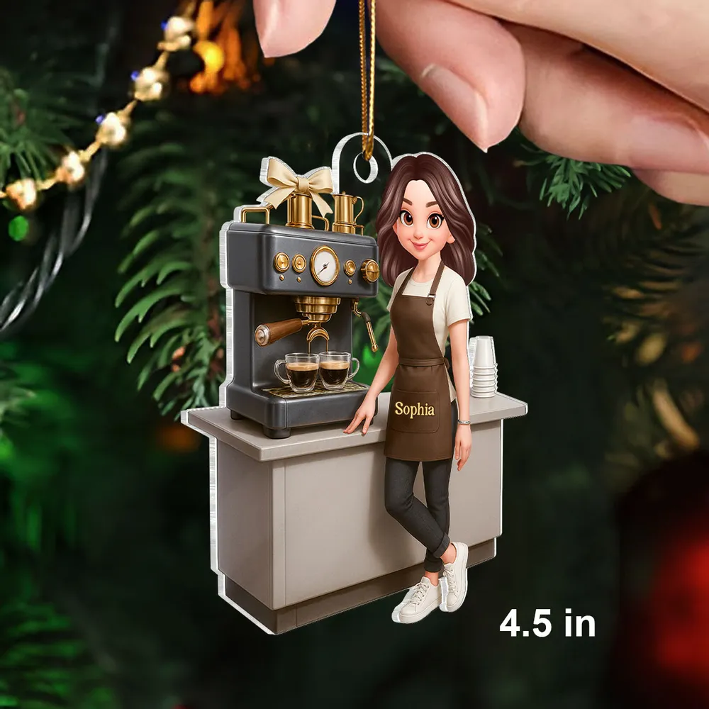 Custom Coffee Barista Acrylic Ornament With Espresso Machine Scene, Warm Holiday Decor, Creative Gift for Coffee Fans - Image 2