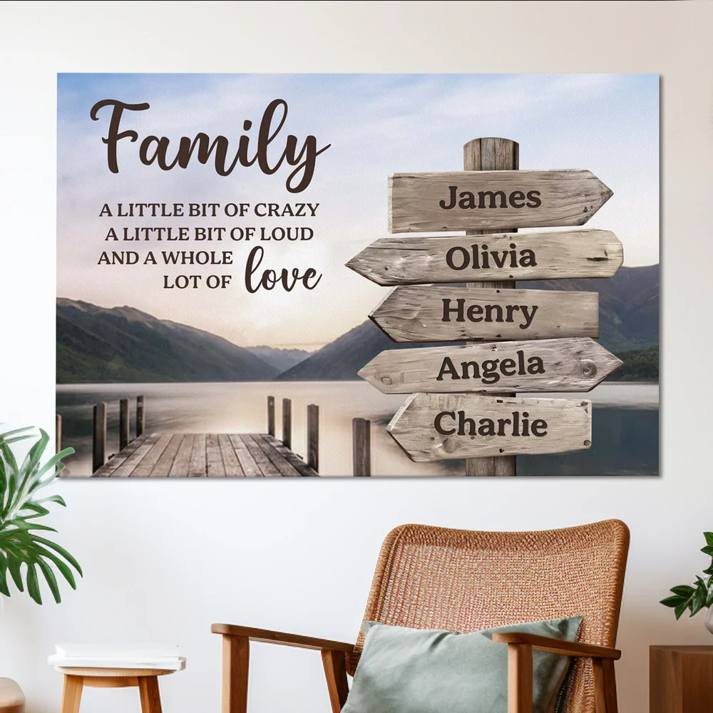Family Love Quote Poster with Custom Names, Scenic Dock and Mountains Wall Decor, Thoughtful Unique Gift