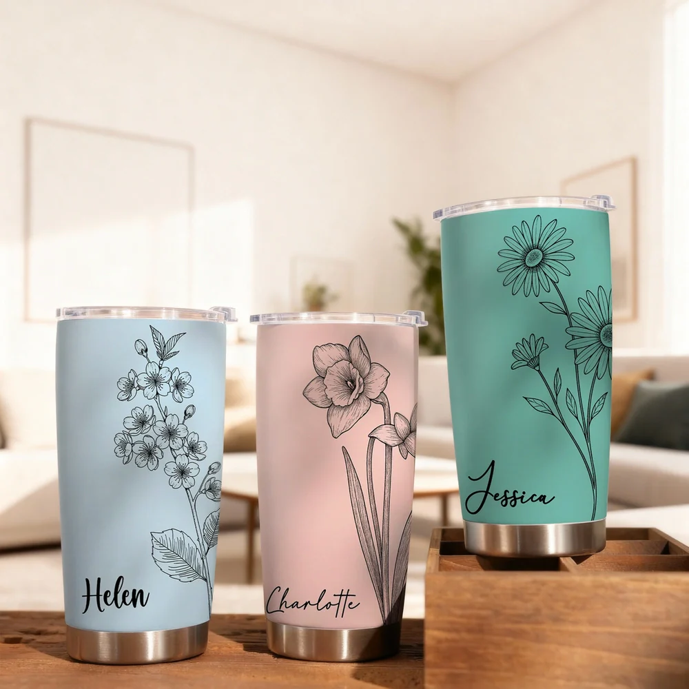 Personalized Birth Flower Insulated Travel Tumbler, Sleek Minimal Floral Line Art, Unique Gift for Friend Sister Coworker