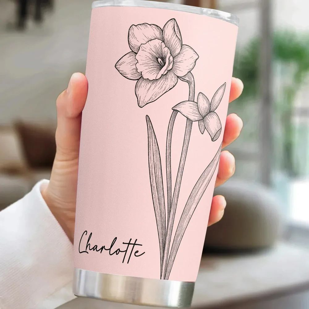 Personalized Birth Flower Insulated Travel Tumbler, Sleek Minimal Floral Line Art, Unique Gift for Friend Sister Coworker - Image 6