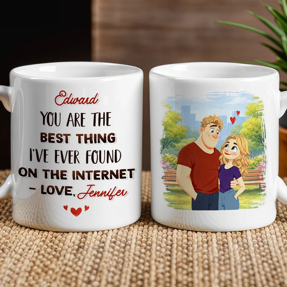 Ceramic Mug Personalized with Sweet Internet Love Message, Park Couple Art, Unique Valentine's Day Gift for Couple