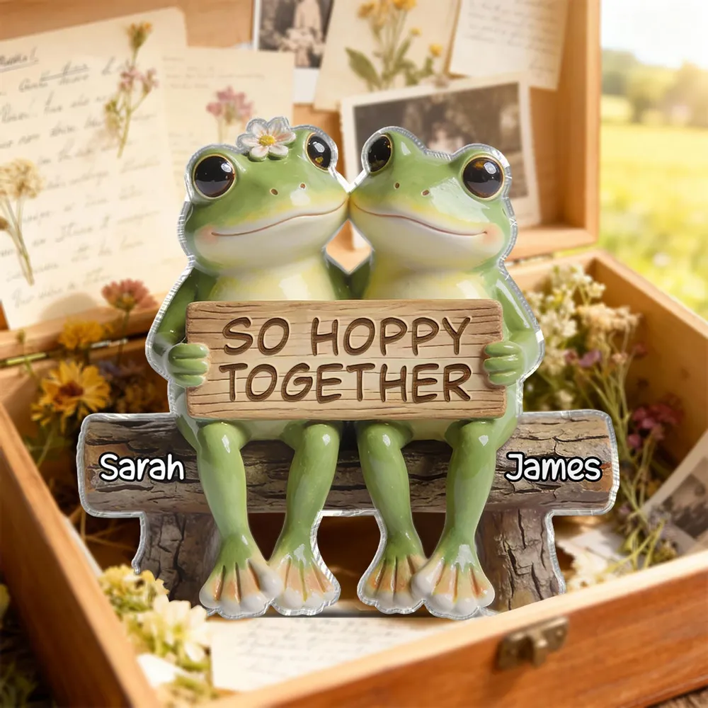 Shaped Acrylic Block Plaque Personalized Love Keepsake, Sweet Frog Couple Bench Scene with 'So Hoppy Together', Thoughtful Gift - Image 2
