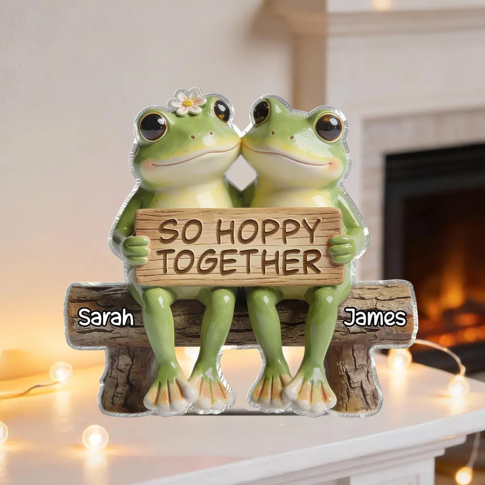 Shaped Acrylic Block Plaque Personalized Love Keepsake, Sweet Frog Couple Bench Scene with 'So Hoppy Together', Thoughtful Gift - Image 3