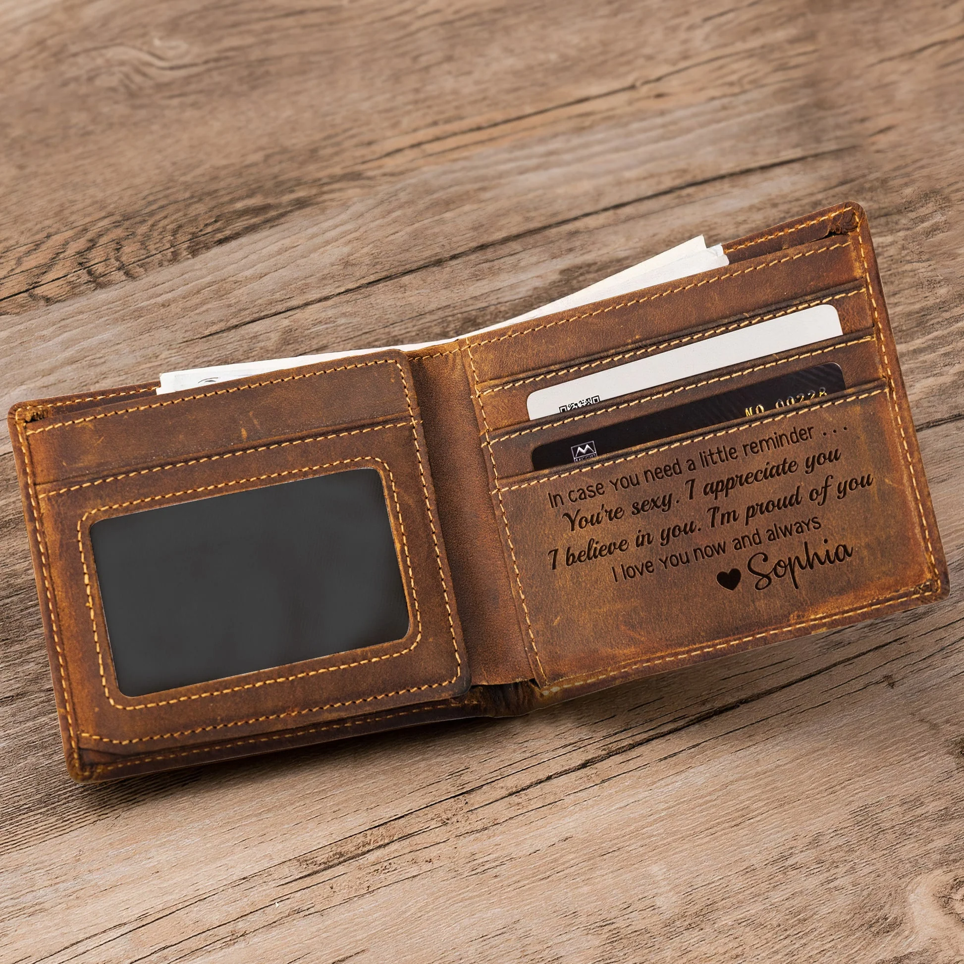 Personalized Cowhide Leather Wallet With Holding Hands Love Line Art Unique Romantic Gift For Boyfriend Or Husband - Image 2