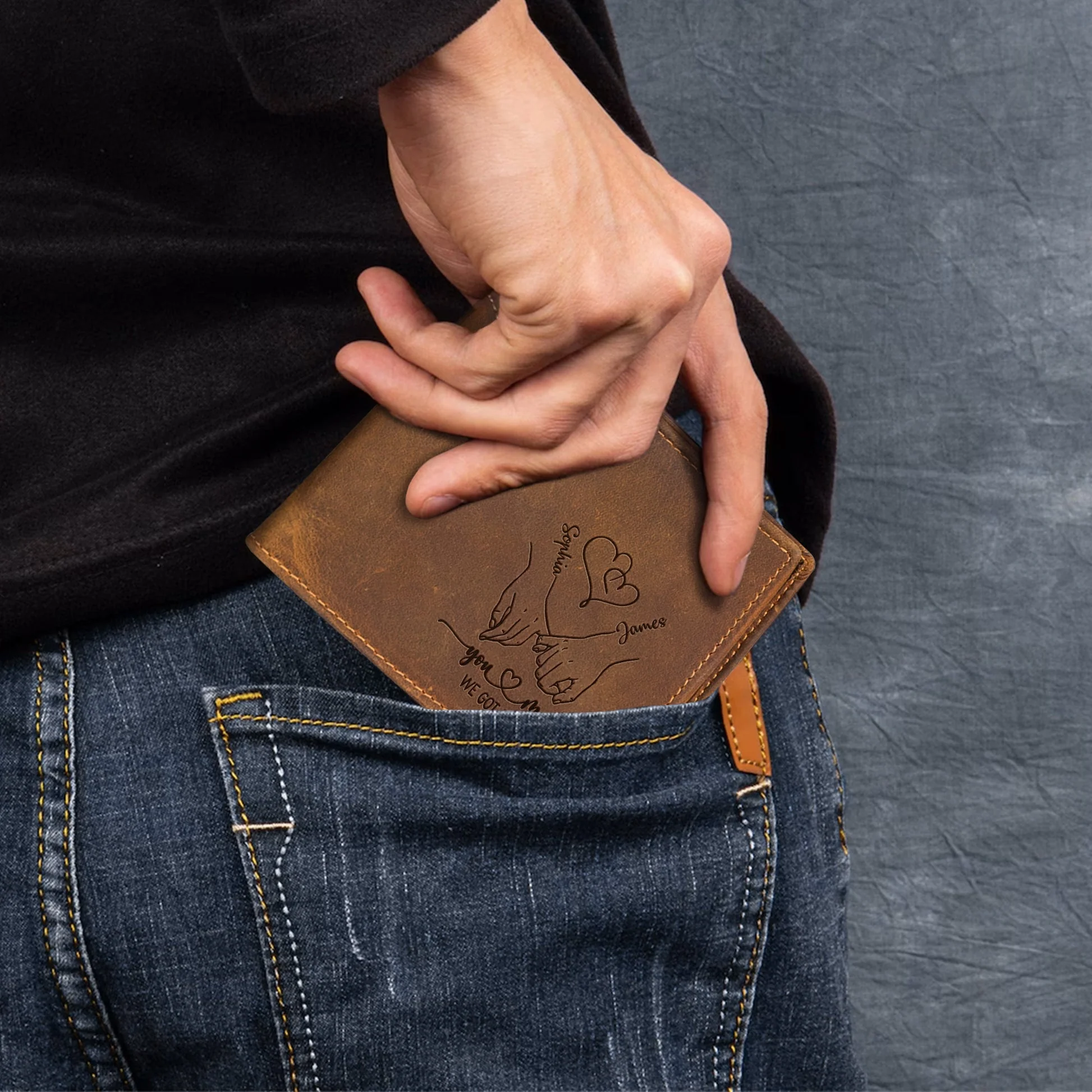 Personalized Cowhide Leather Wallet With Holding Hands Love Line Art Unique Romantic Gift For Boyfriend Or Husband - Image 5