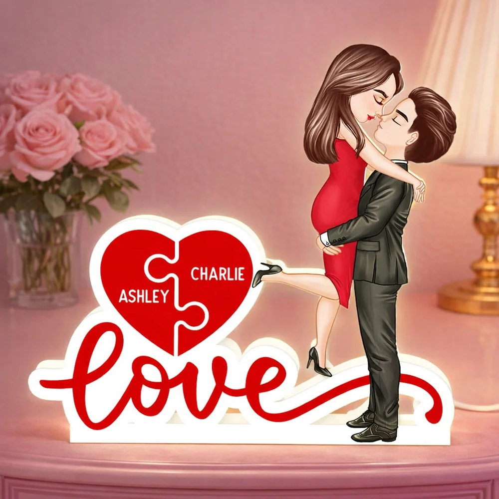 Acrylic Light Box Warm Glow Couple Embrace Love Heart Puzzle Design - Personalized Keepsake Gift for Couples