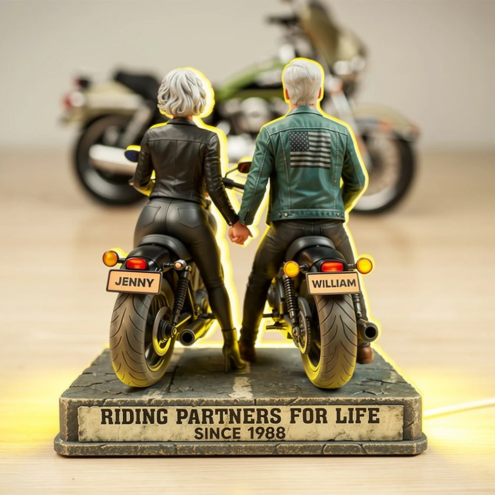 Riding Partners for Life Acrylic Light Box, Custom Motorcycle Couple Night Light with Warm Glow, Sentimental Gift