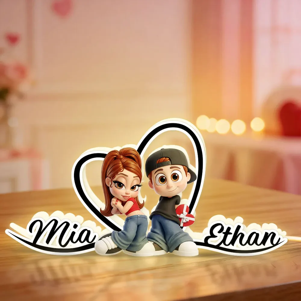 Personalized Couple Acrylic Light Box with Glowing Heart - Cute Cartoon Keepsake Nightstand Decor, Unique Gift for Couples - Image 3