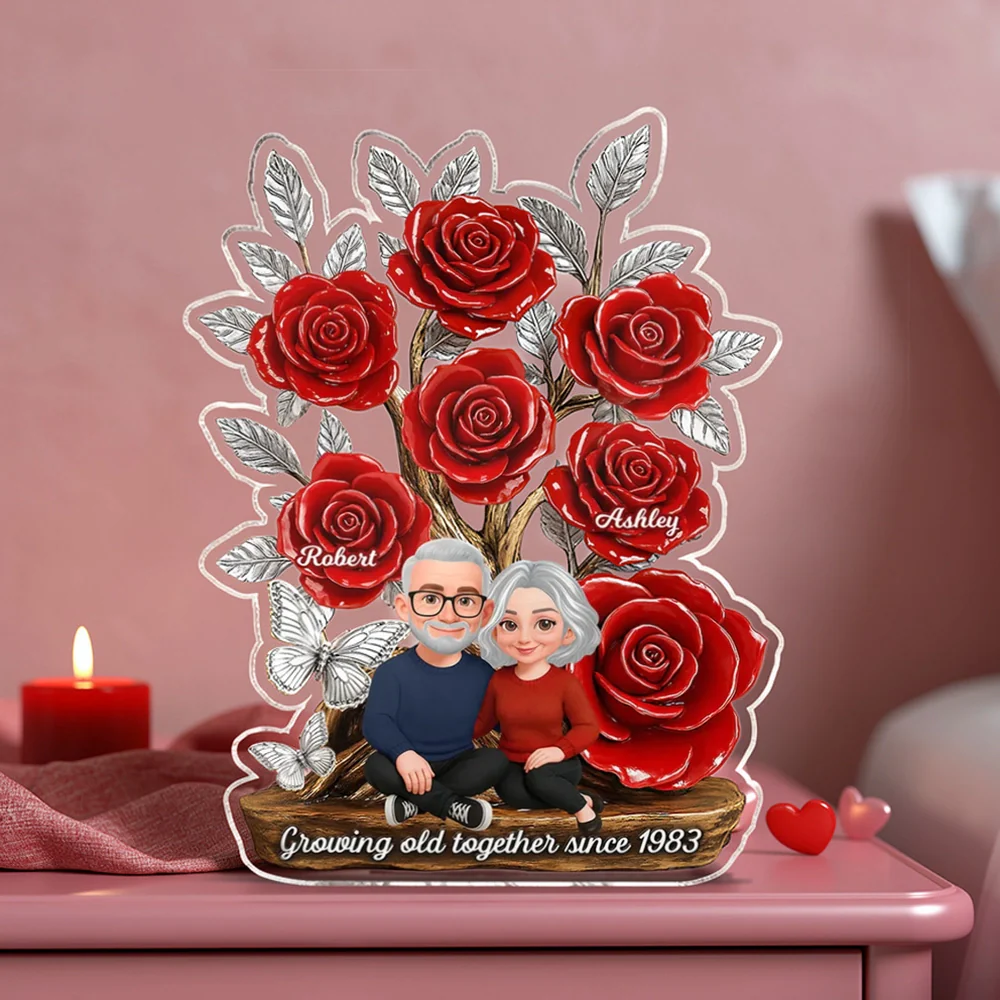 Personalized Shaped Acrylic Block Plaque with Red Rose Tree Couple Sitting Together, Unique Romantic Gift