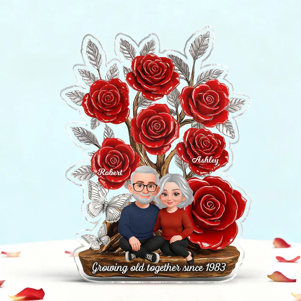 Personalized Shaped Acrylic Block Plaque with Red Rose Tree Couple Sitting Together, Unique Romantic Gift - Image 2