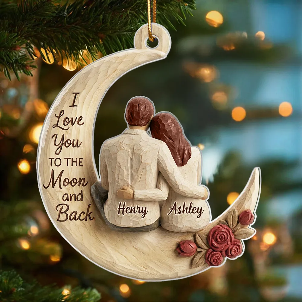 Acrylic Ornament Couple Hugging on Moon I Love You to the Moon and Back Unique Gift for Anniversary Romantic Keepsake - Image 2