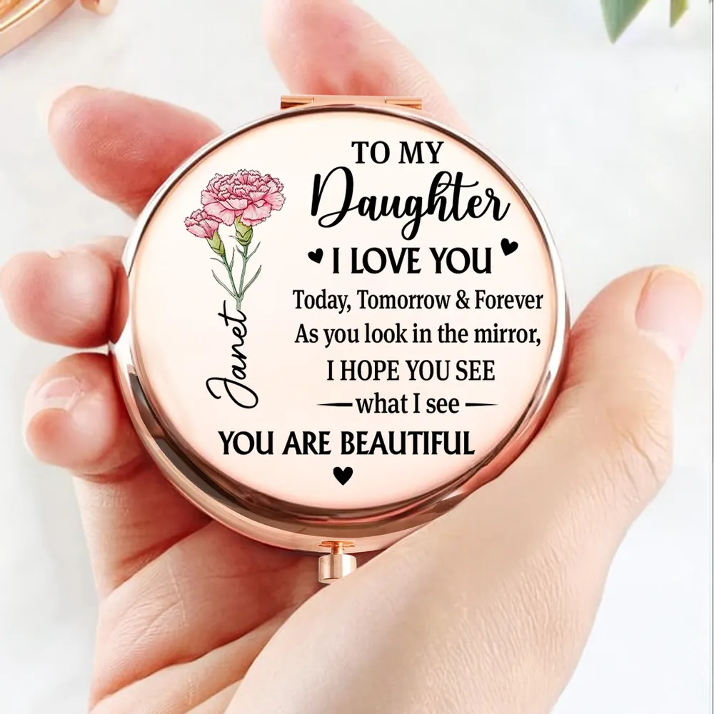 Metal Compact Mirror for Daughter, Floral Rose Gold Keepsake, 'I Love You' Message, Unique Creative Gift for Her - Image 2
