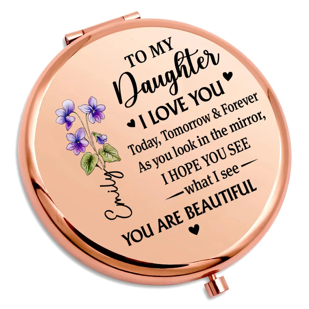 Metal Compact Mirror for Daughter, Floral Rose Gold Keepsake, 'I Love You' Message, Unique Creative Gift for Her - Image 3