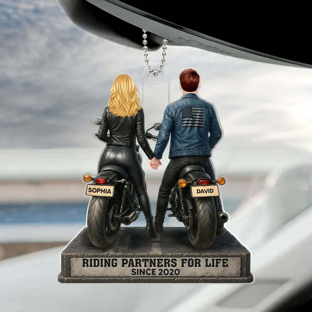 Riding Partners for Life Acrylic Car Hanger, Personalized Couple on Motorcycles Rearview Mirror Decor, Sentimental Gift for Couples - Image 4