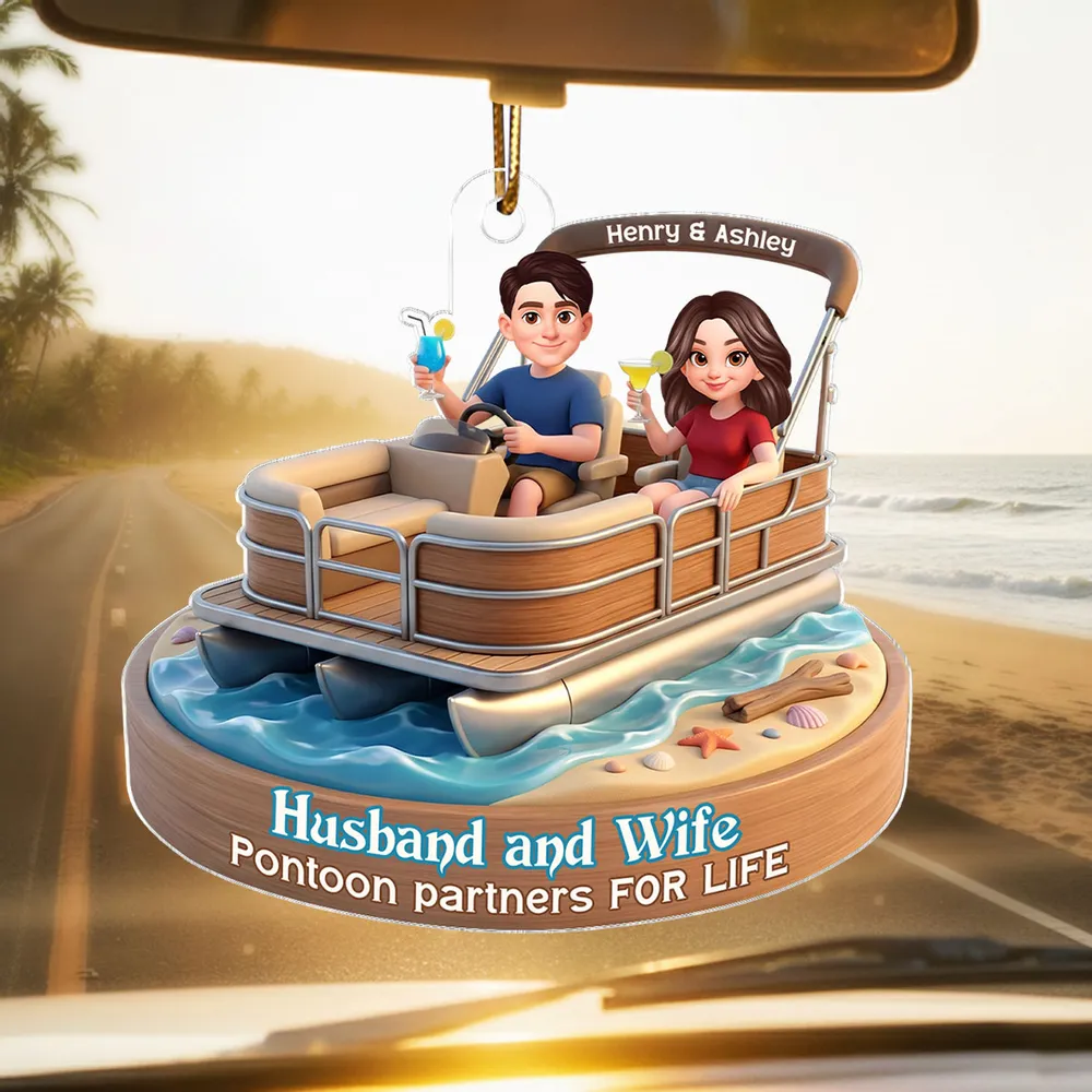 Personalized Acrylic Car Hanger Pontoon Couple Cute Cartoon Boat Decor, Unique Gift for Husband & Wife - Image 3