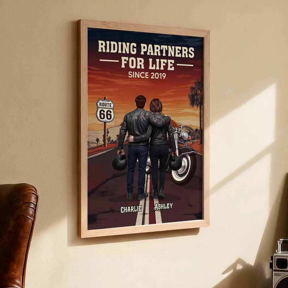 Riding Partners For Life Poster, Personalized Motorcycle Couple Road Trip Sunset Decor, Creative Gift for Him & Her - Image 2