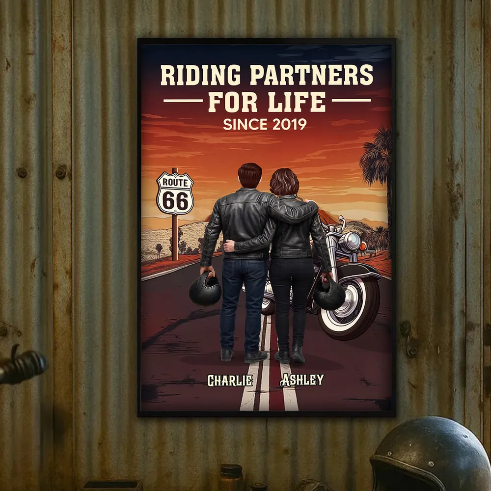 Riding Partners For Life Poster, Personalized Motorcycle Couple Road Trip Sunset Decor, Creative Gift for Him & Her - Image 3
