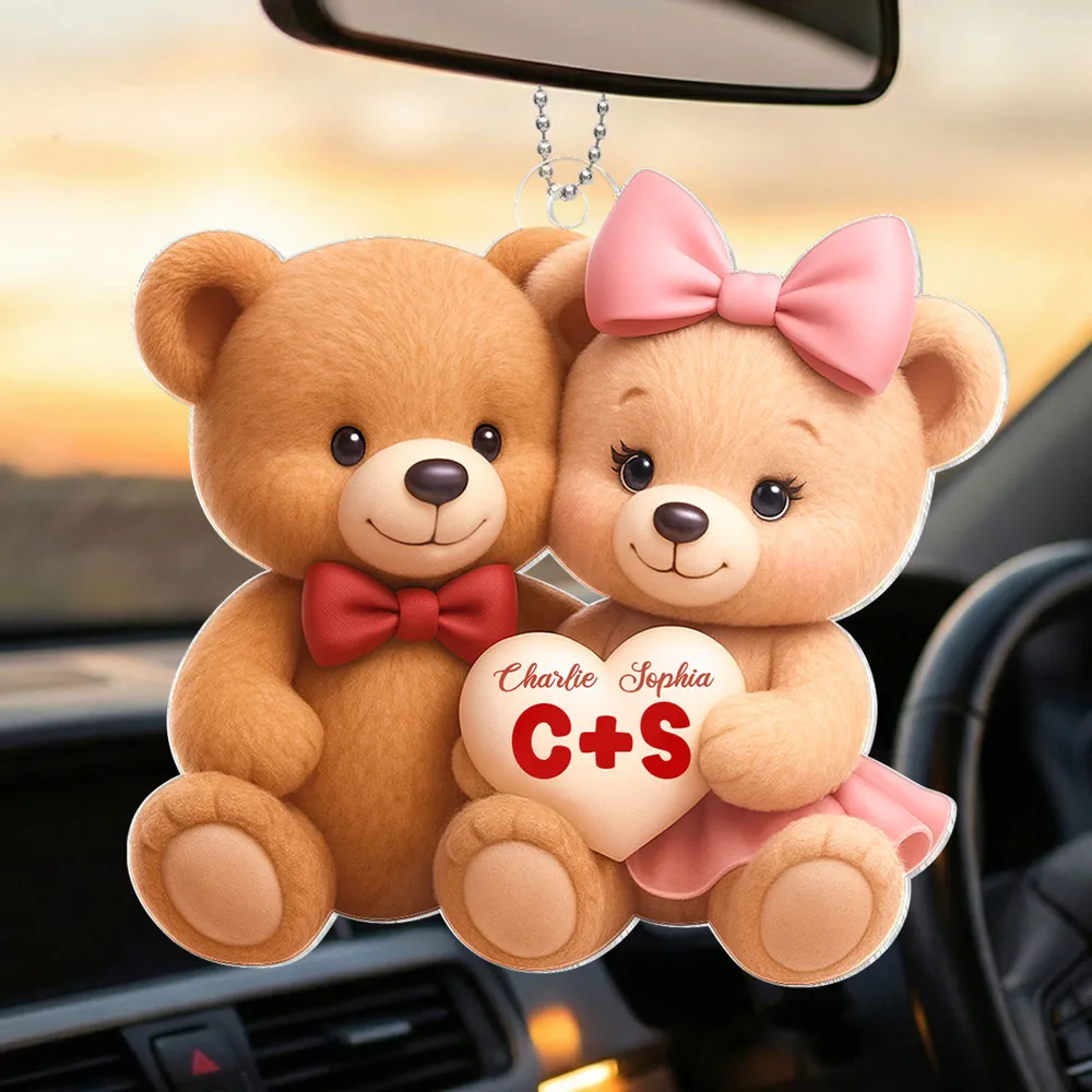 Cute Teddy Bear Couple Acrylic Car Hanger - Personalized Rearview Mirror Decoration, Sweet Anniversary Gift - Image 3
