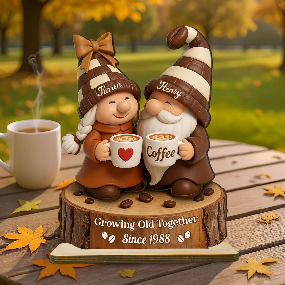 Personalized Wooden Plaque with Cute Coffee Gnomes, Rustic Countertop Decor, Unique Couple Gift for Growing Old Together - Image 3