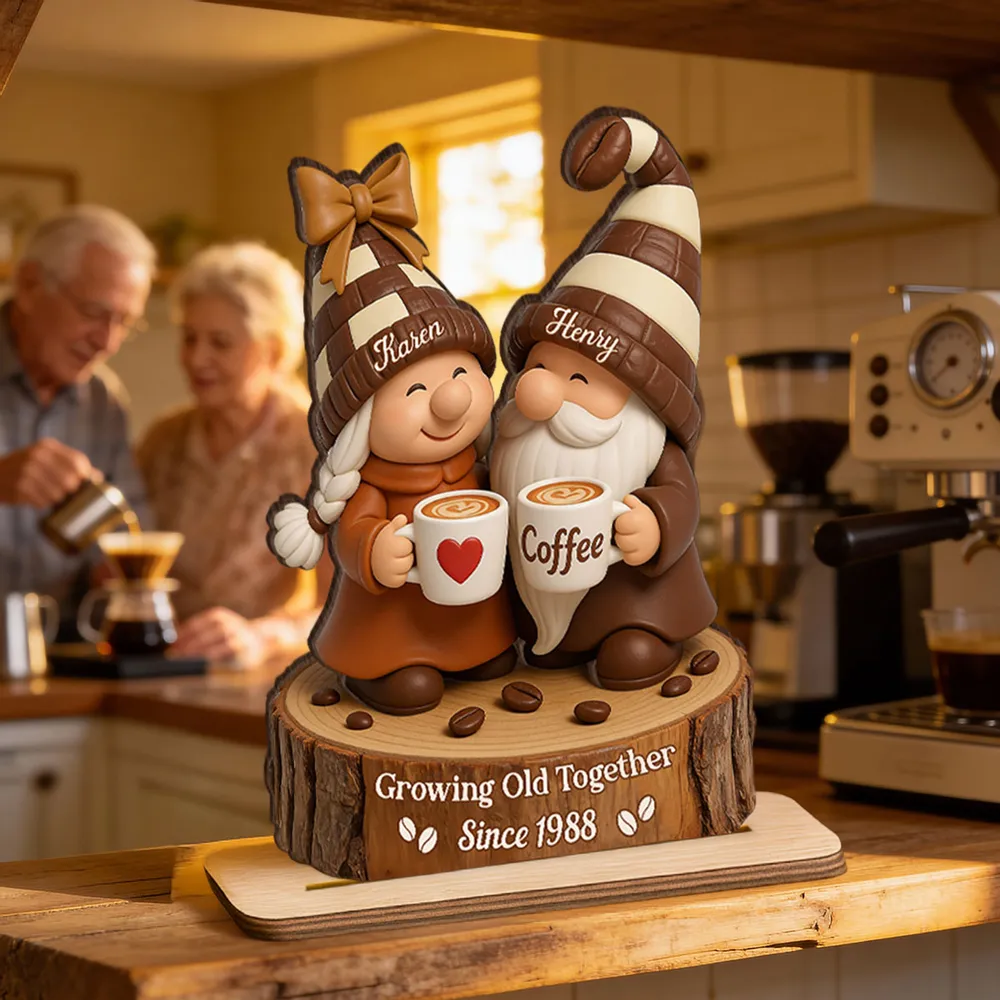 Personalized Wooden Plaque with Cute Coffee Gnomes, Rustic Countertop Decor, Unique Couple Gift for Growing Old Together - Image 4