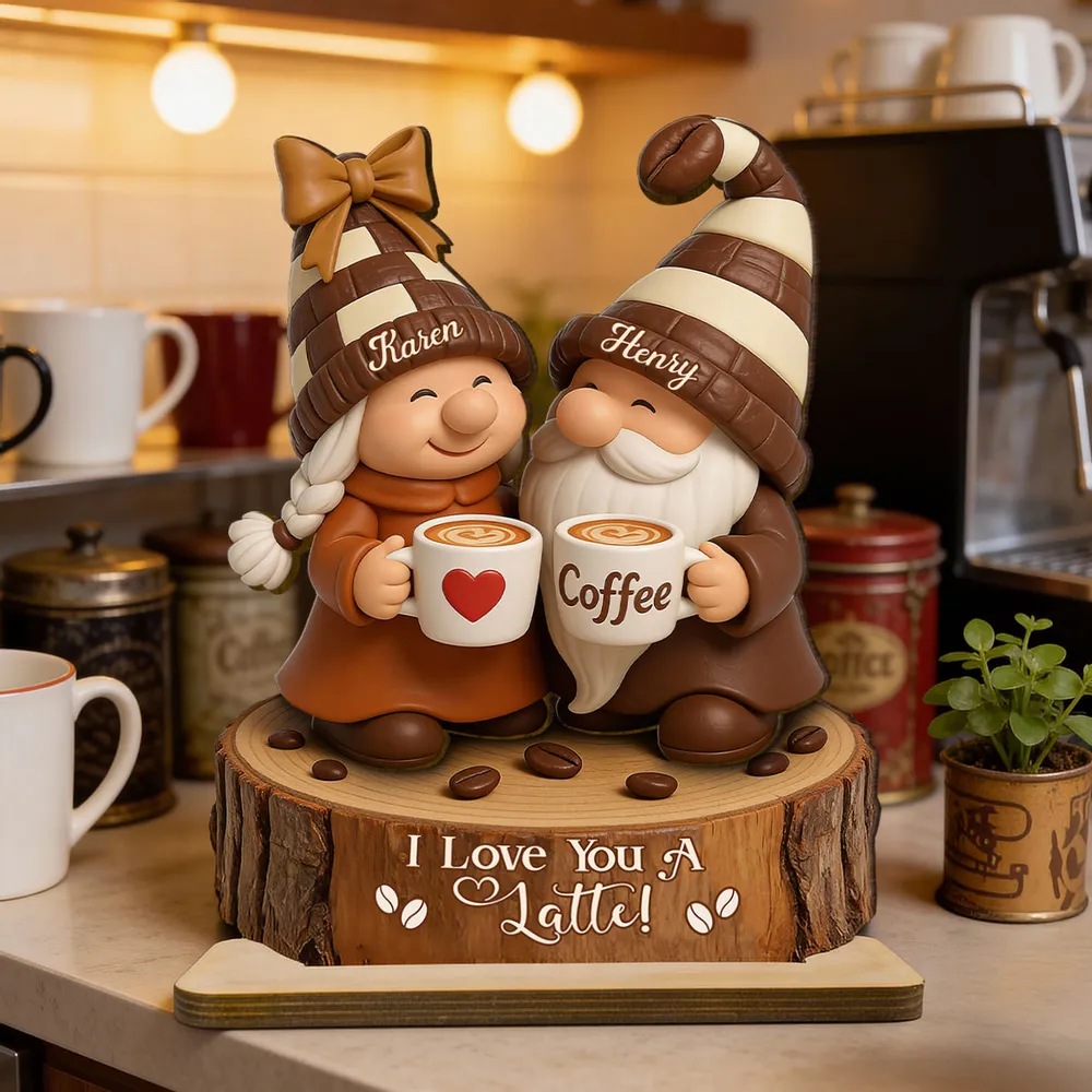 Personalized Wooden Plaque with Cute Coffee Gnomes, Rustic Countertop Decor, Unique Couple Gift for Growing Old Together - Image 5