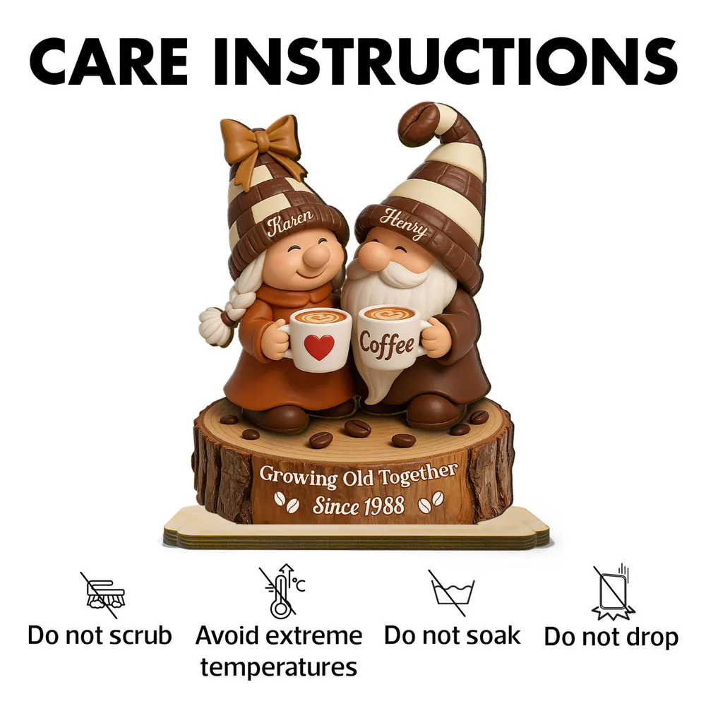 Personalized Wooden Plaque with Cute Coffee Gnomes, Rustic Countertop Decor, Unique Couple Gift for Growing Old Together - Image 7