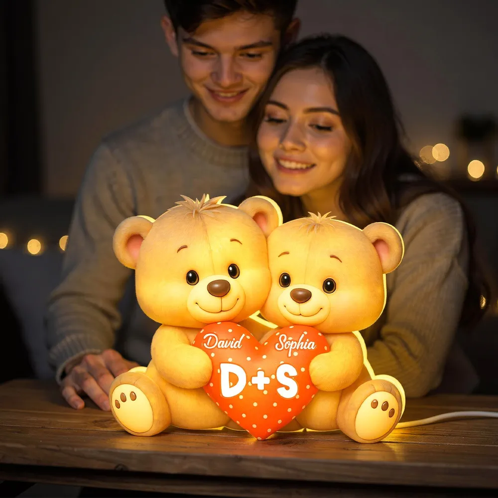 Personalized Acrylic Light Box Cute Bear Couple Holding a Heart Bedroom Lamp with Warm Glow Unique Gift for Couples - Image 2