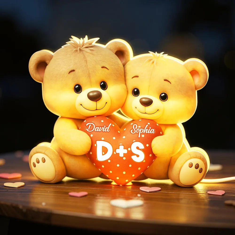 Personalized Acrylic Light Box Cute Bear Couple Holding a Heart Bedroom Lamp with Warm Glow Unique Gift for Couples - Image 3