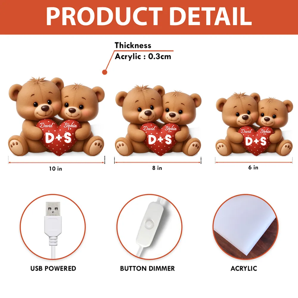 Personalized Acrylic Light Box Cute Bear Couple Holding a Heart Bedroom Lamp with Warm Glow Unique Gift for Couples - Image 6