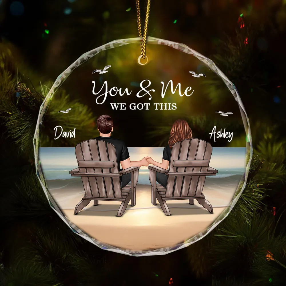 Crystal Ornament Personalized for Couples, Sitting Together at a Sunset Beach Scene, Romantic Keepsake Gift for Her - Image 2