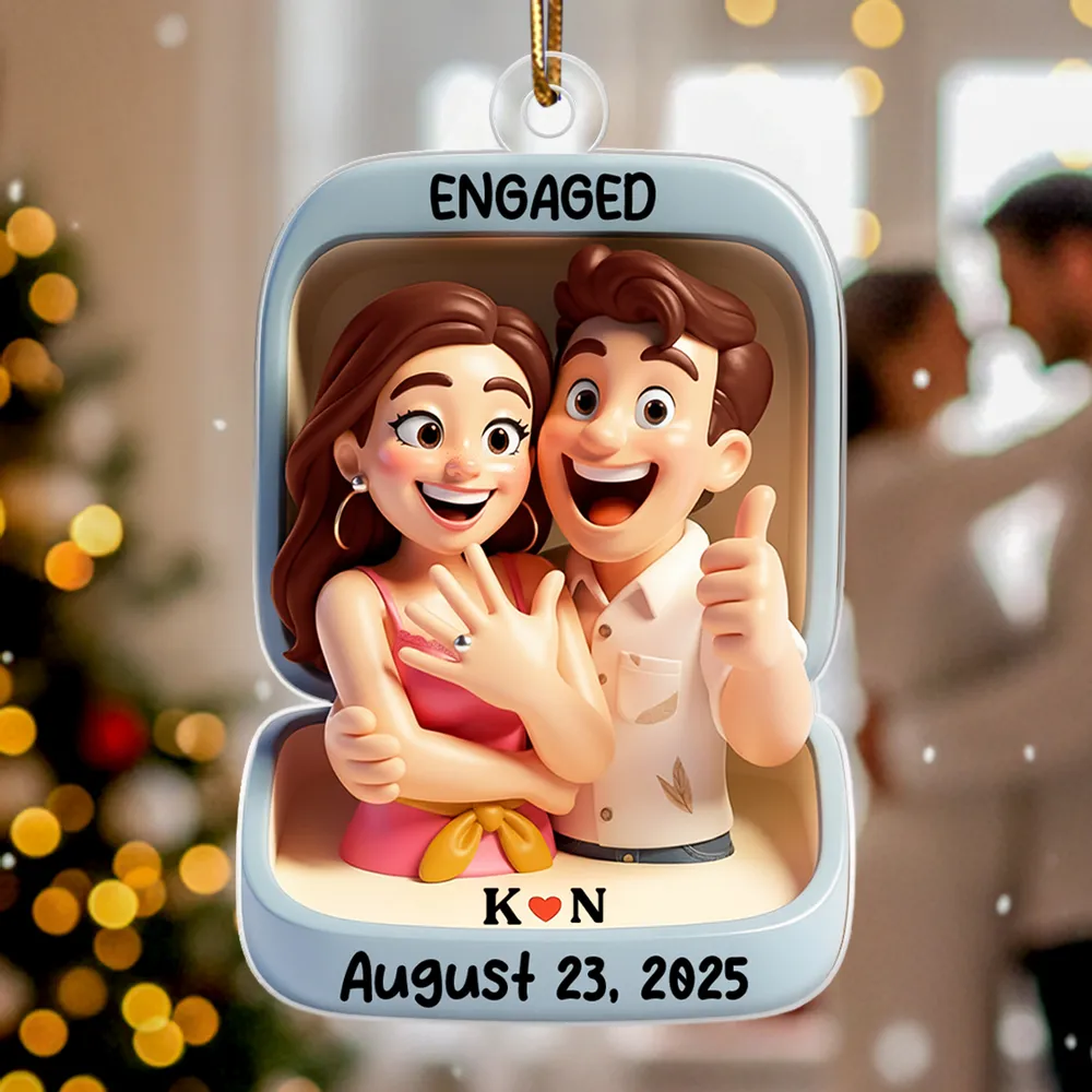 Acrylic Ornament With Engaged Couple Illustration Personalized Holiday Keepsake A Sweet Unique Gift For Couples - Image 2