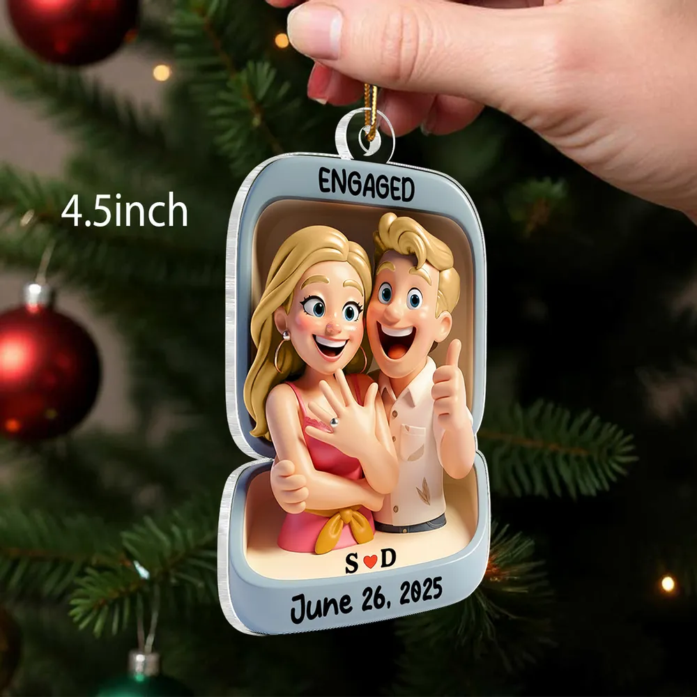 Acrylic Ornament With Engaged Couple Illustration Personalized Holiday Keepsake A Sweet Unique Gift For Couples - Image 3