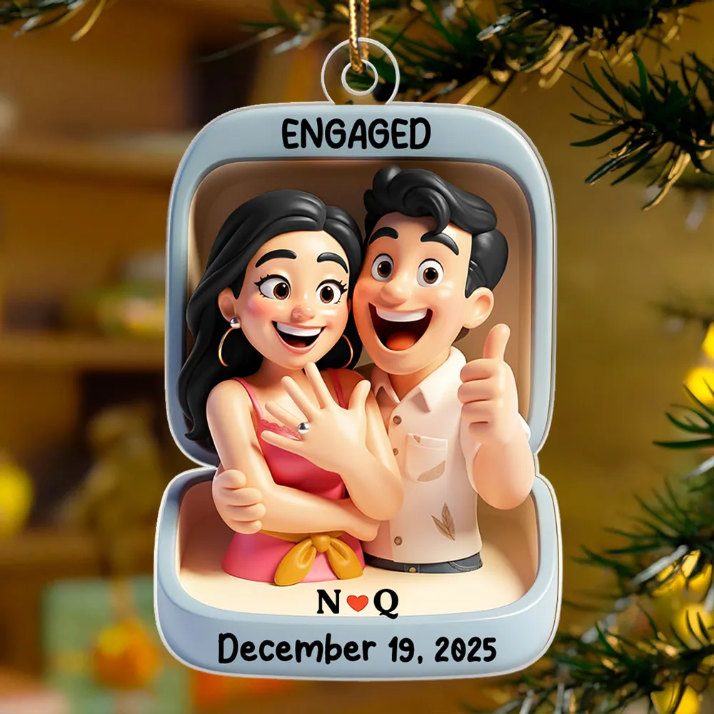 Acrylic Ornament With Engaged Couple Illustration Personalized Holiday Keepsake A Sweet Unique Gift For Couples - Image 6