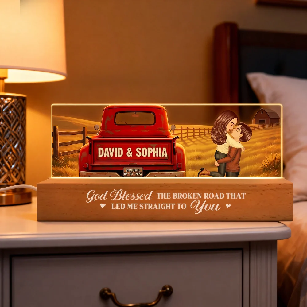 Personalized Block LED Light Plaque With Couple Kissing by a Red Truck, Rustic Sunset Scene, Unique Anniversary Gift