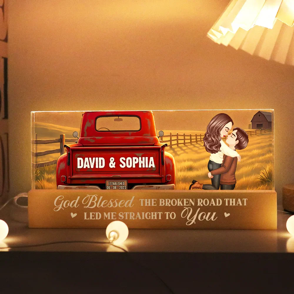 Personalized Block LED Light Plaque With Couple Kissing by a Red Truck, Rustic Sunset Scene, Unique Anniversary Gift - Image 3