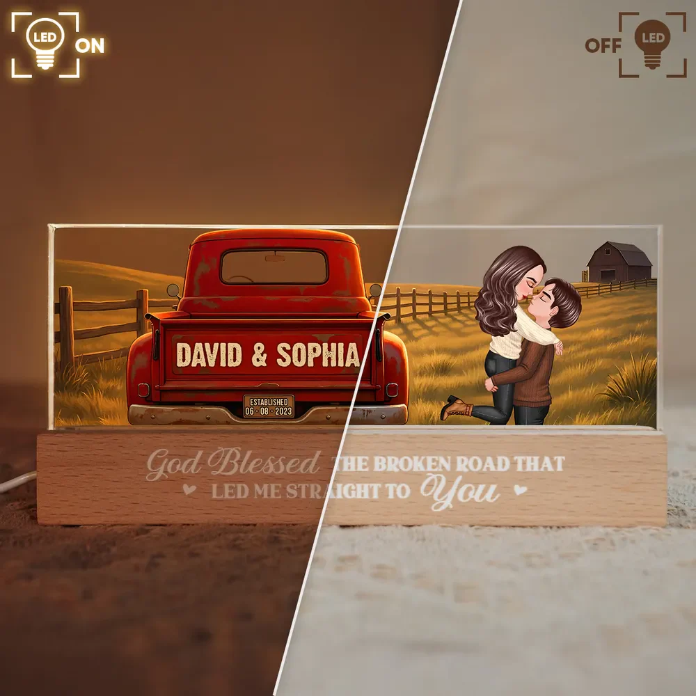 Personalized Block LED Light Plaque With Couple Kissing by a Red Truck, Rustic Sunset Scene, Unique Anniversary Gift - Image 8