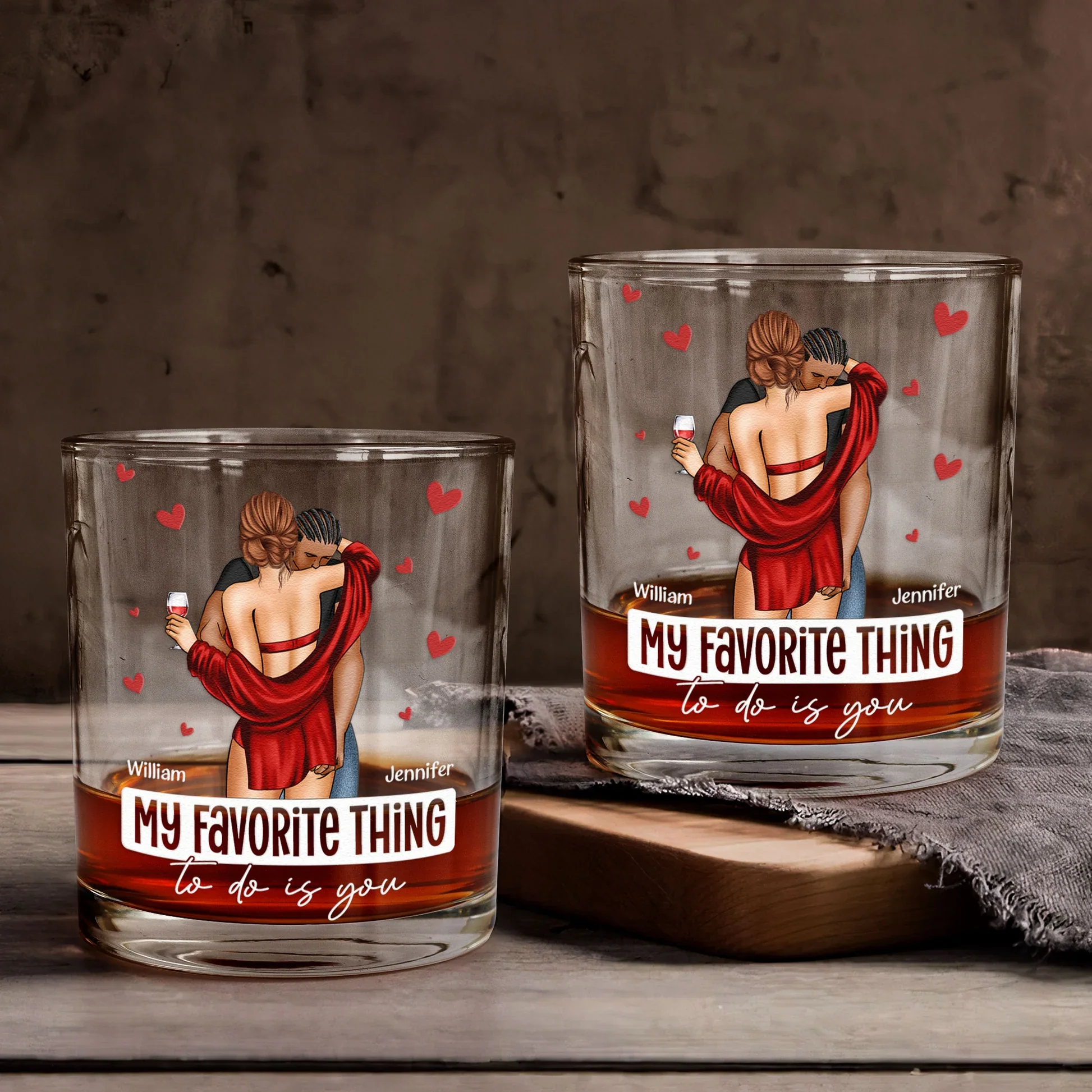 Romantic Personalized Whiskey Glass With Couple Embrace And Hearts, My Favorite Thing To Do Is You, Creative Gift - Image 3