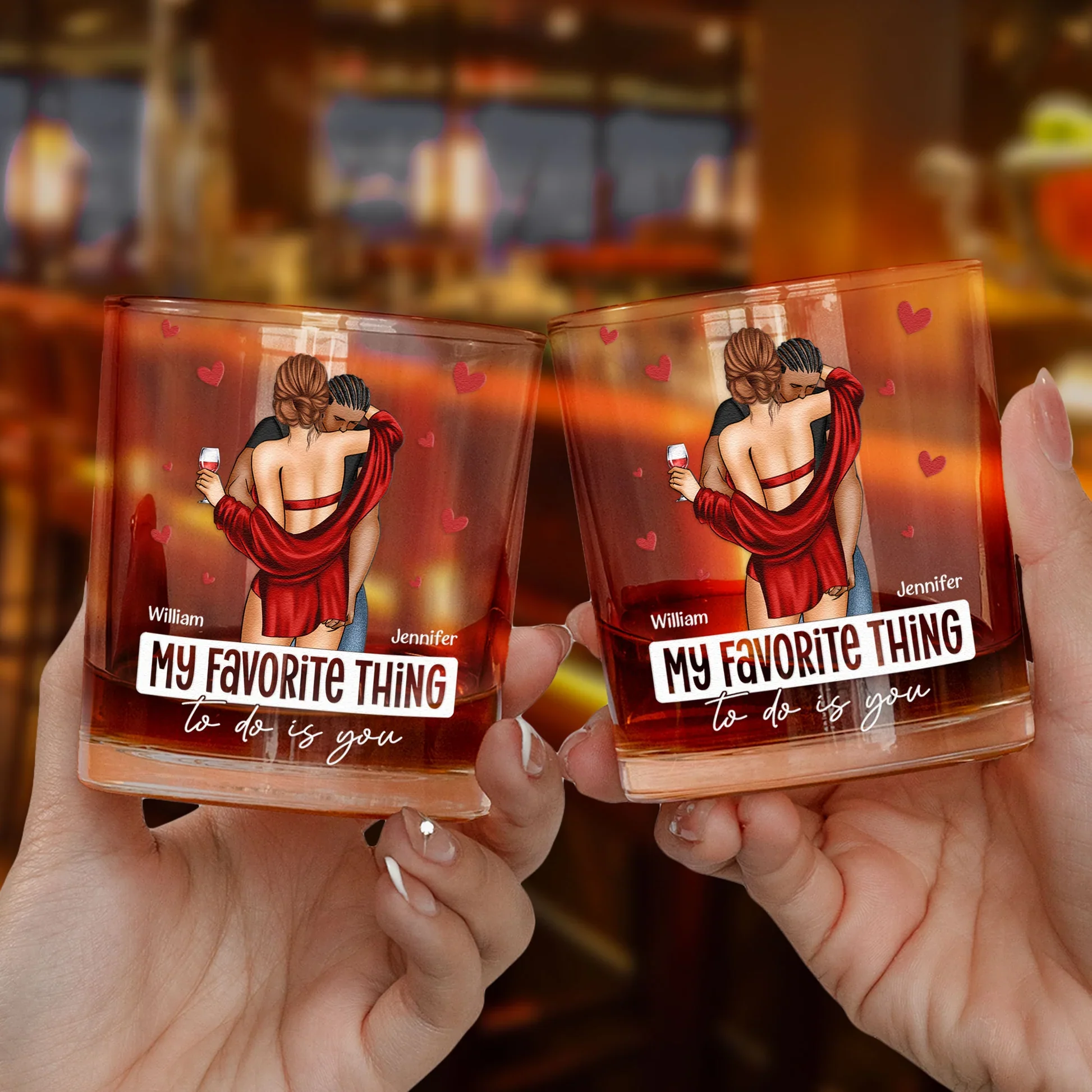 Romantic Personalized Whiskey Glass With Couple Embrace And Hearts, My Favorite Thing To Do Is You, Creative Gift - Image 4
