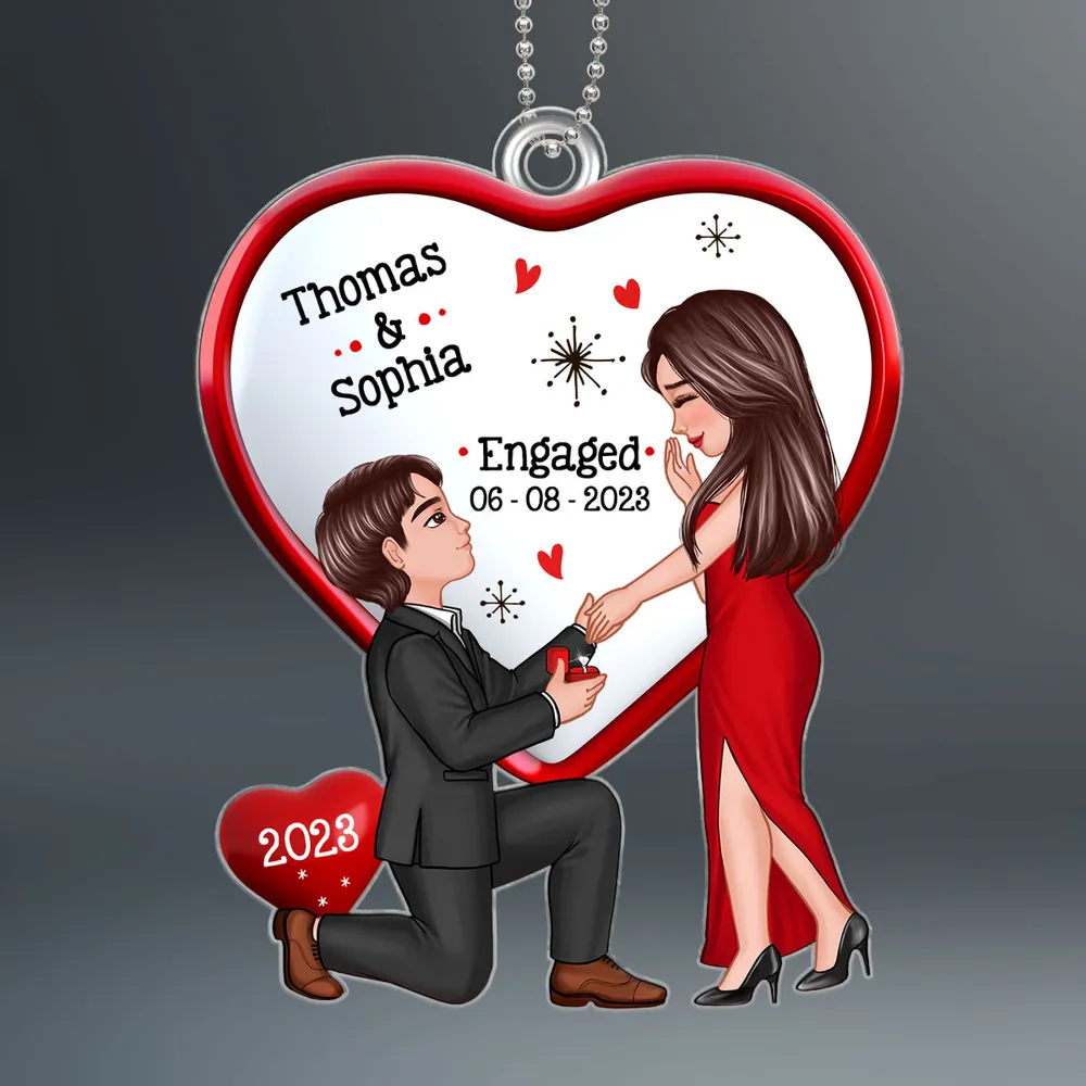 Personalized Engagement Proposal Acrylic Ornament, Kneeling Couple Heart Design, Unique Keepsake Gift for Couples - Image 2