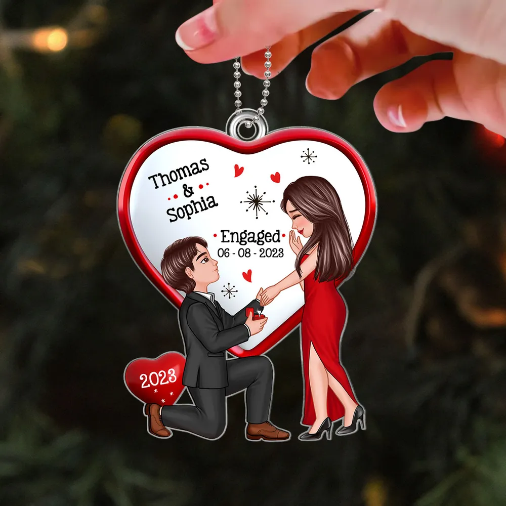 Personalized Engagement Proposal Acrylic Ornament, Kneeling Couple Heart Design, Unique Keepsake Gift for Couples - Image 3