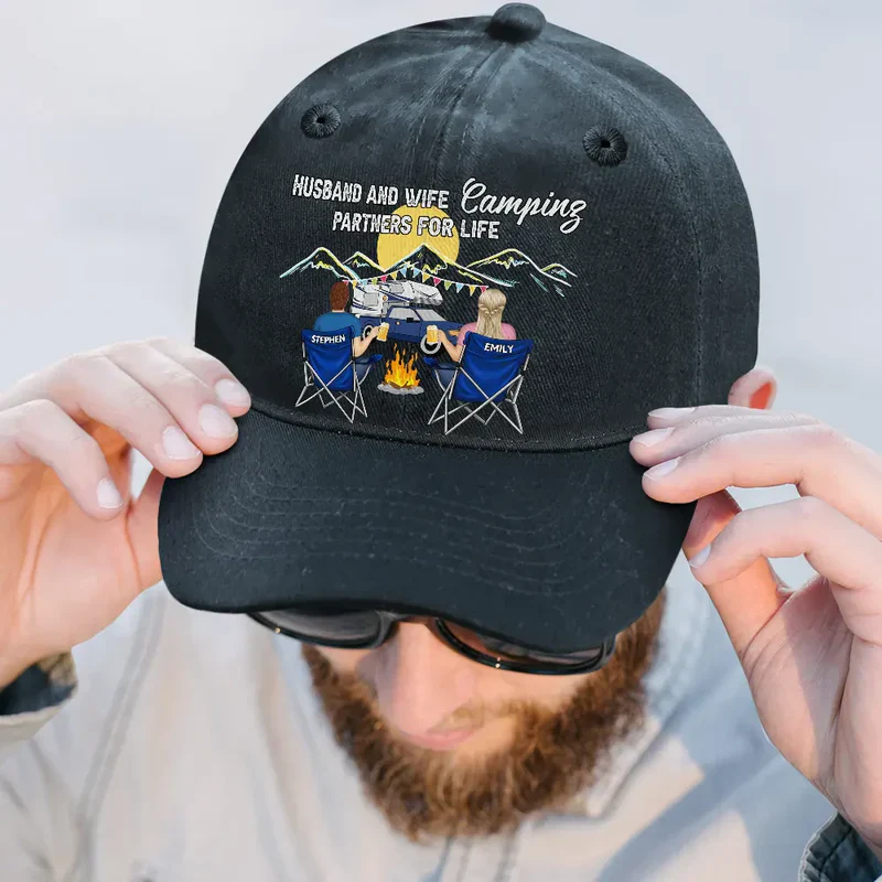 Personalized Washed Denim Baseball Cap Camping Partners For Life Outdoor Wear Vintage Look Unique Gift for Couple - Image 6