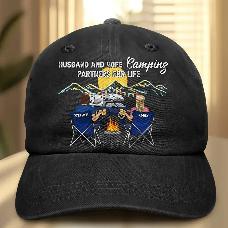 Personalized Washed Denim Baseball Cap Camping Partners For Life Outdoor Wear Vintage Look Unique Gift for Couple - Image 7