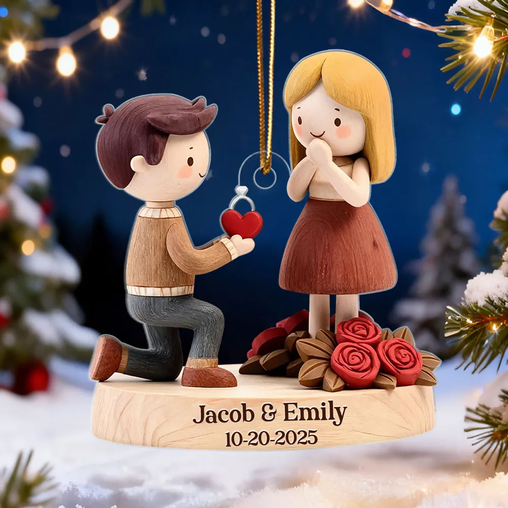 Romantic Personalized Acrylic Ornament with Kneeling Couple and Heart Charm Cozy Holiday Keepsake Unique Gift for Couples - Image 2