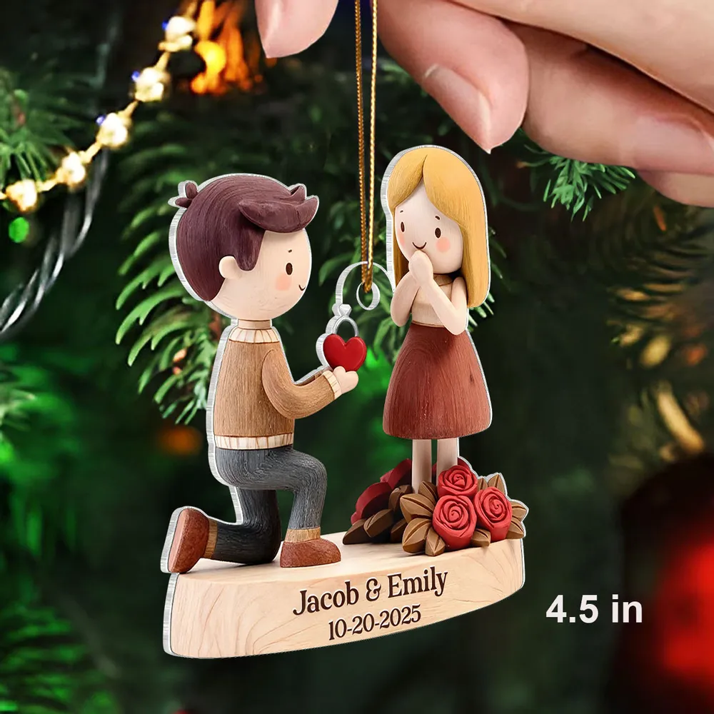 Romantic Personalized Acrylic Ornament with Kneeling Couple and Heart Charm Cozy Holiday Keepsake Unique Gift for Couples - Image 3