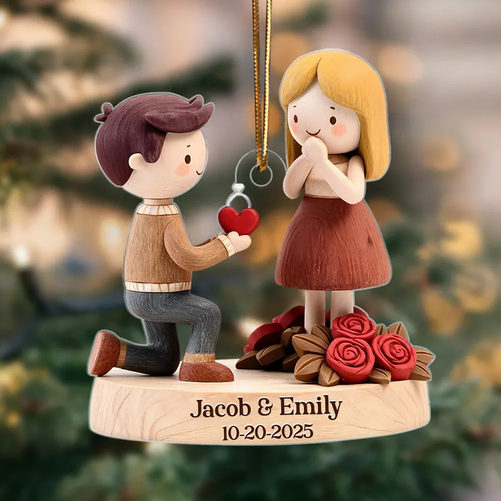 Romantic Personalized Acrylic Ornament with Kneeling Couple and Heart Charm Cozy Holiday Keepsake Unique Gift for Couples - Image 5