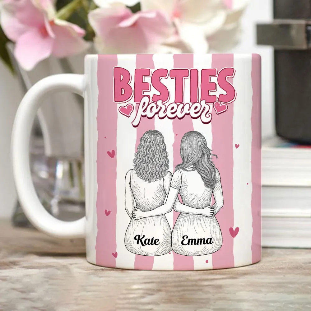 Besties Forever Ceramic Mug, Personalized Coffee Mug for Best Friend or Sister, Sweet Hug Illustration Unique Gift - Image 2