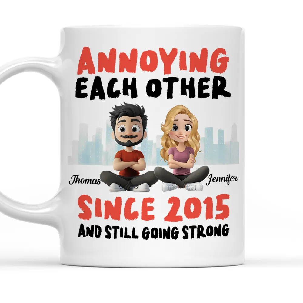 Annoying Each Other Personalized White Ceramic Mug Cute Couple Sitting Illustration Funny Daily Coffee Gift for Couples - Image 2