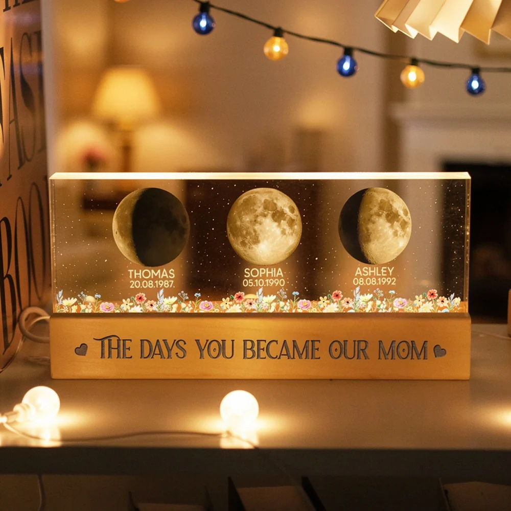Personalized Block LED Light Plaque Moon Phases for Mom, The Days You Became Our Mom, Warm Night Light Gift
